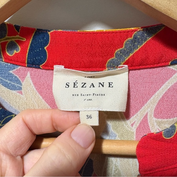 Sezane Floral Blouse Size Small Size 36 Oversized Peplum Tie Up Red Florsl Birds - Picture 4 of 13